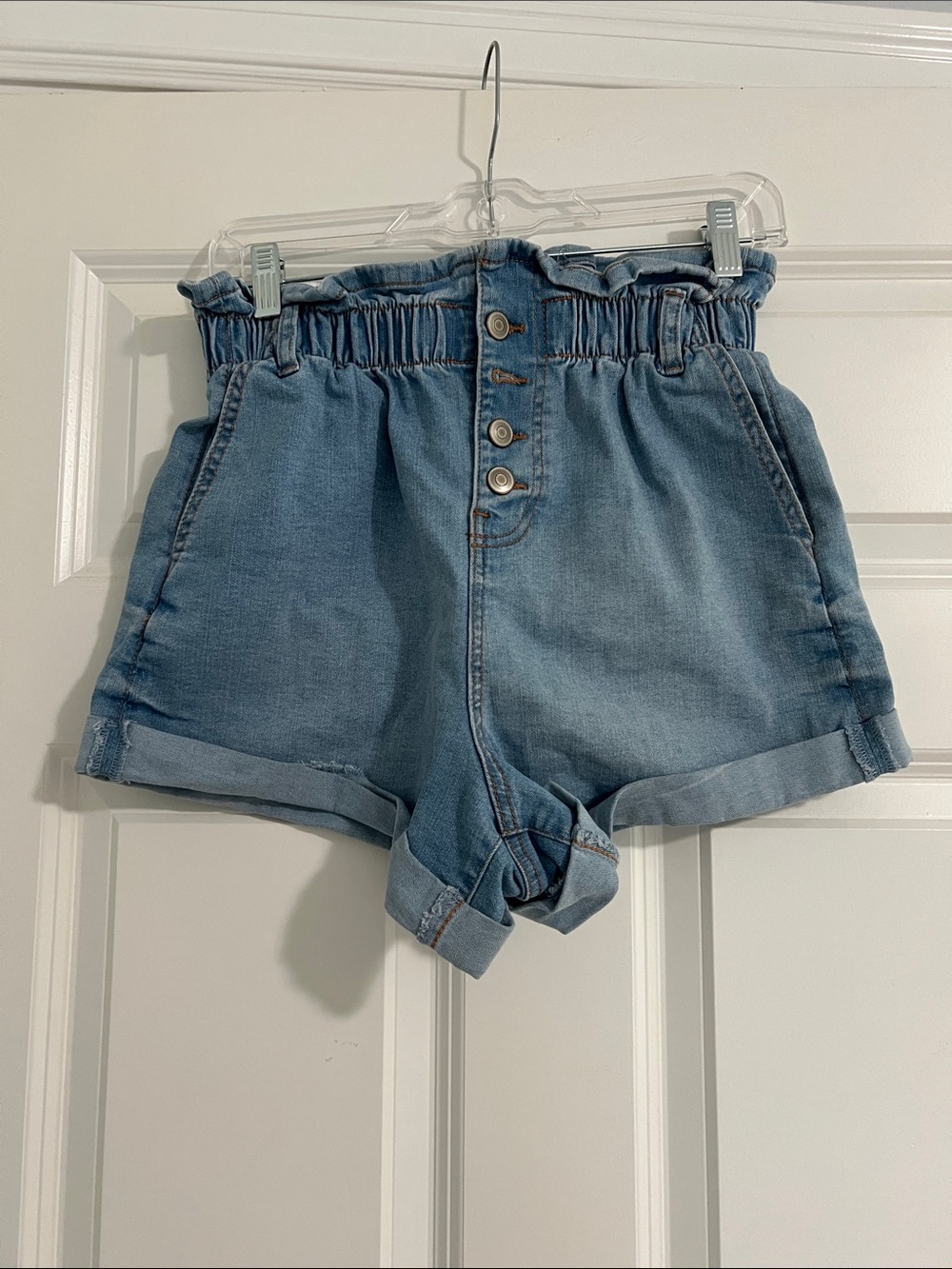 No Boundaries Light Blue High-Waist Paperbag Denim Shorts